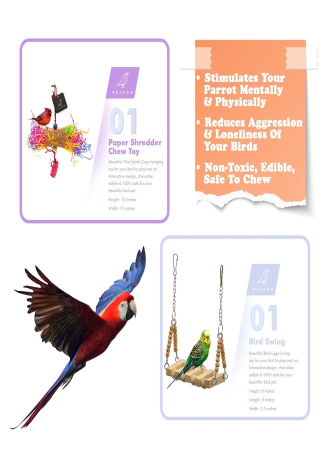 PETZOO Bundle of 10 Birds Toys Paper Shredded Foraging Chew, Swing, Mesh Toys, Perch, Spiral Hanging - Image 3